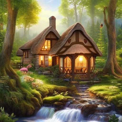 Forest Cottage in Hyperrealistic Mixed Media