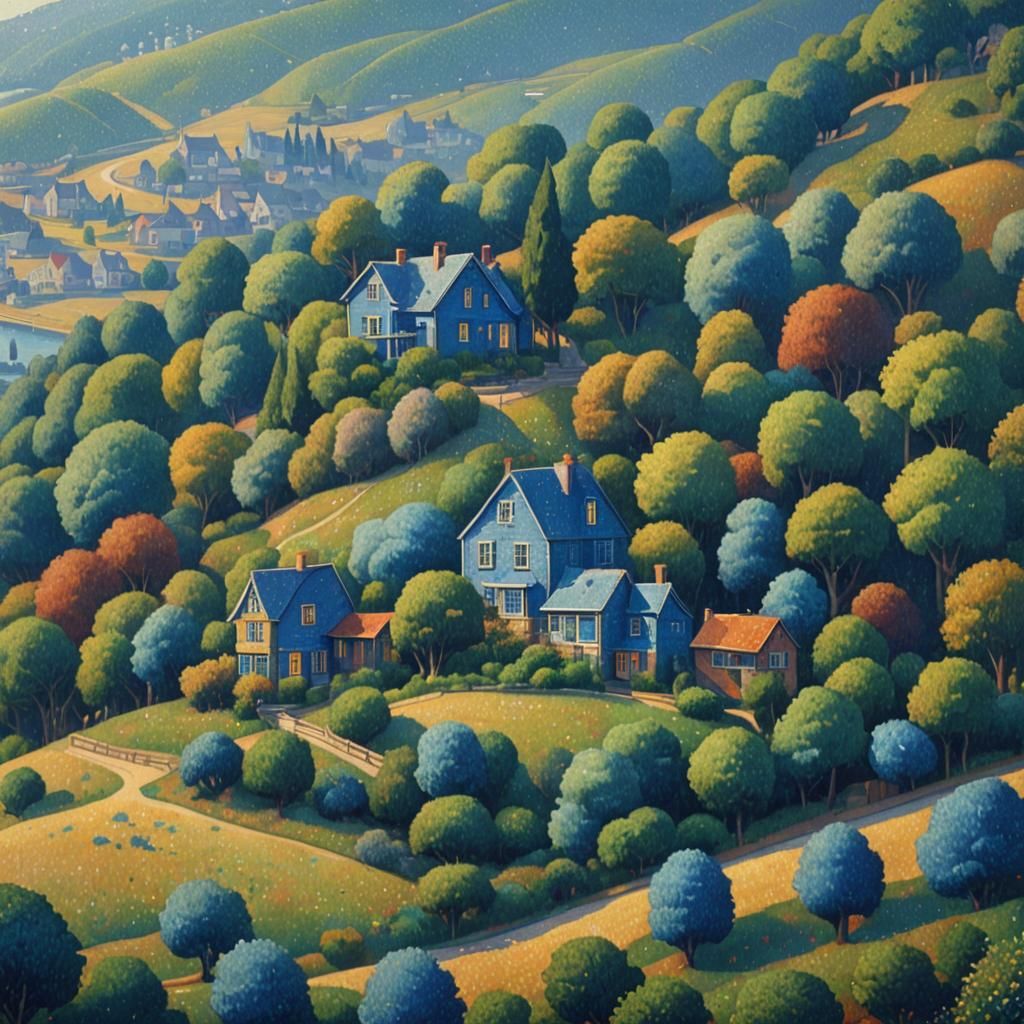 Pointillist Blue House on Hill in Detailed Digital Art