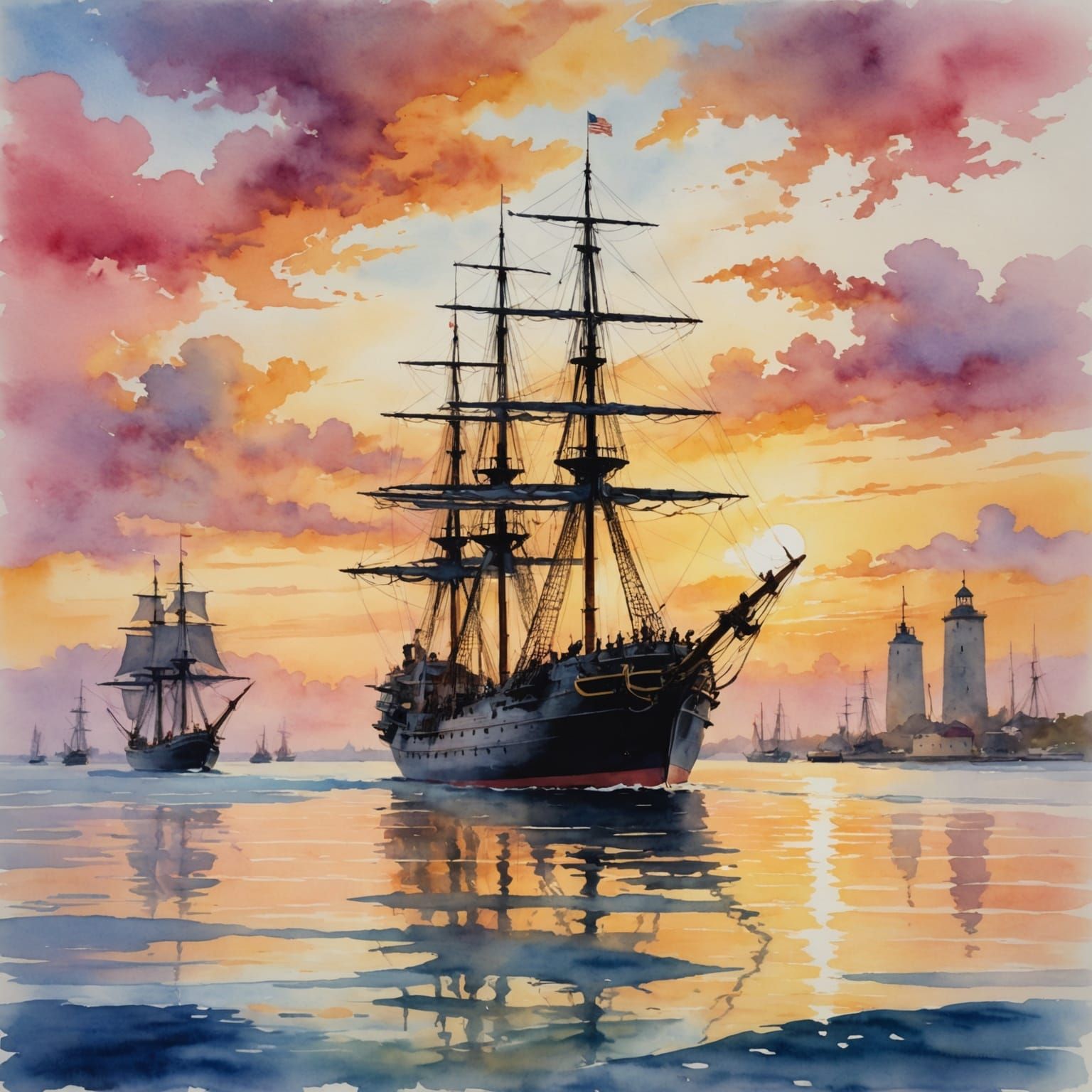 Impressionistic Watercolor of Historic Warship at Sunset