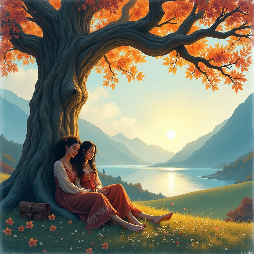 Couple Under Glowing Tree in Watercolor Landscape