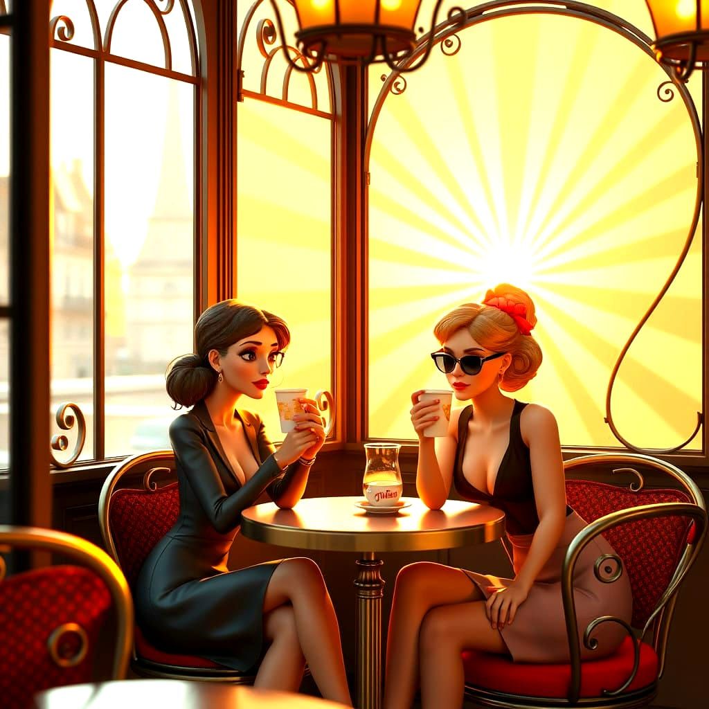 Stunning Parisian Women in a Vibrant Cafe Scene, in a Disney...