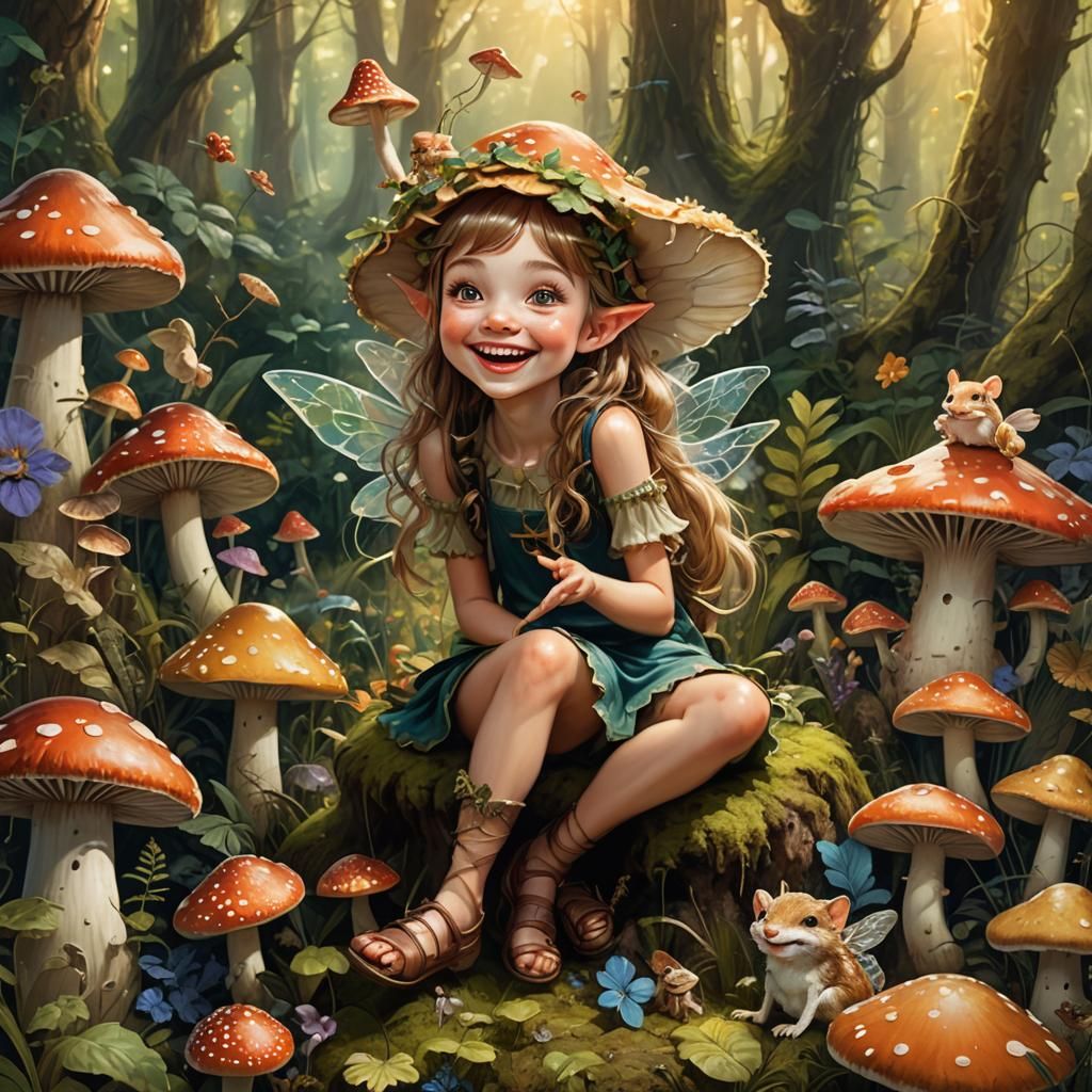 Fairy on Toadstool in Magical Forest