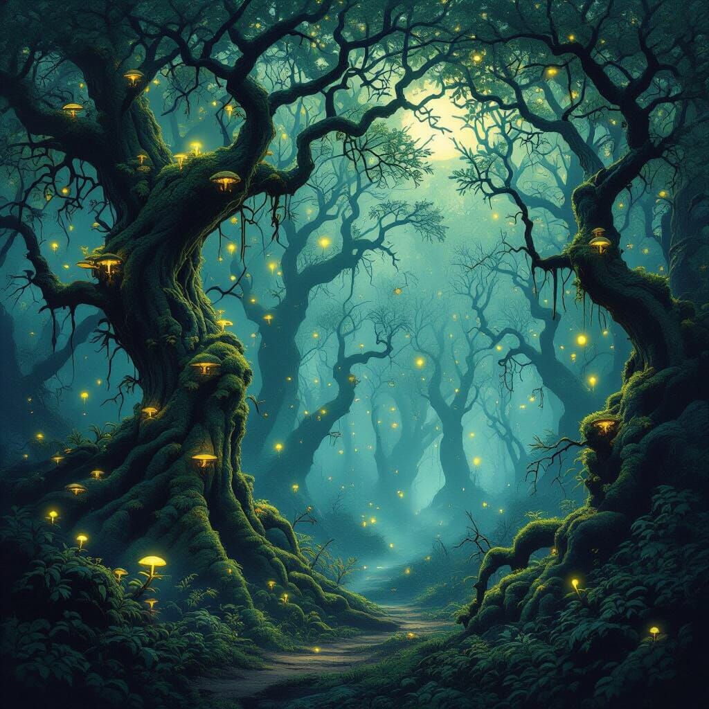 Mystical Forest Aglow with Fireflies and Moonlight