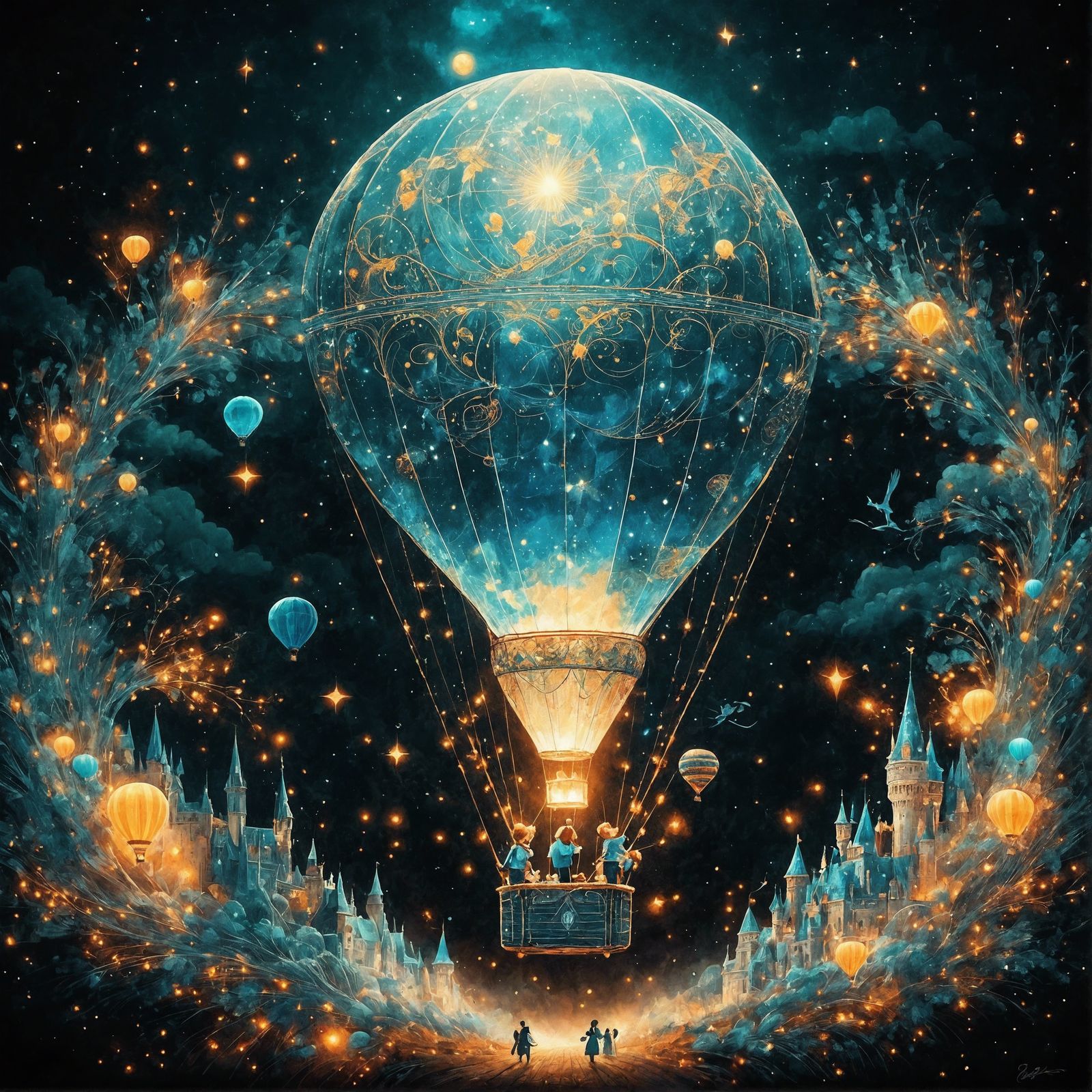 Blue Air Balloon in Starry Night Sky