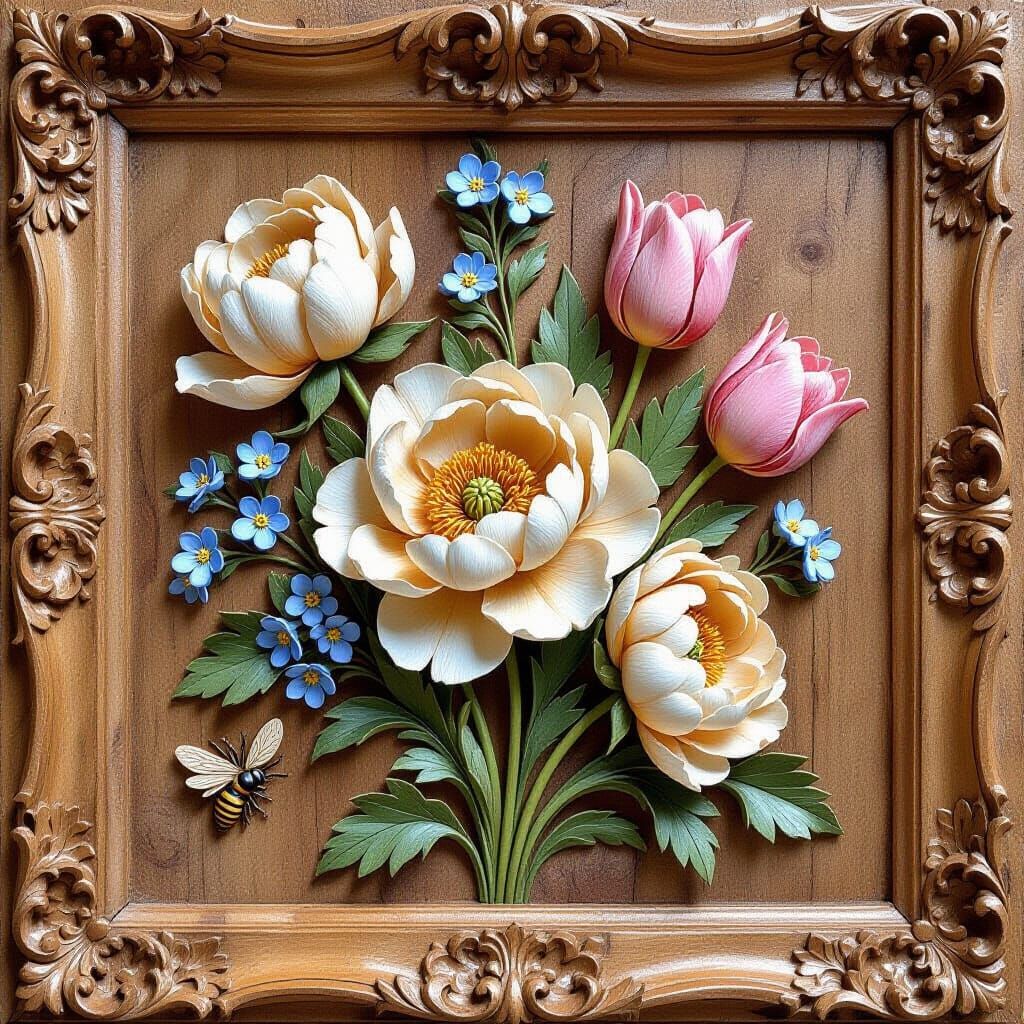 Intricate Wood Carving of Peonies, Tulips and Forget-Me-Nots