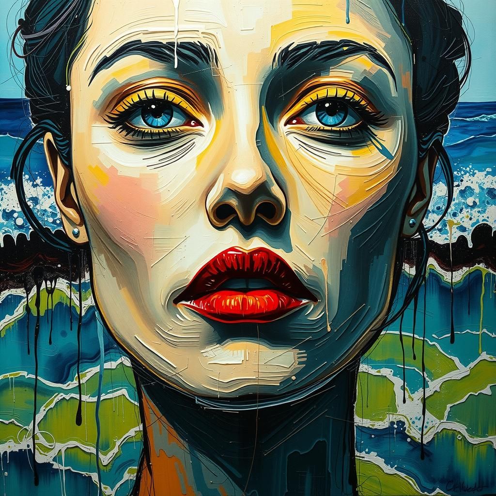 Abstract Female Portrait with Impasto Texture and Ocean Wave...