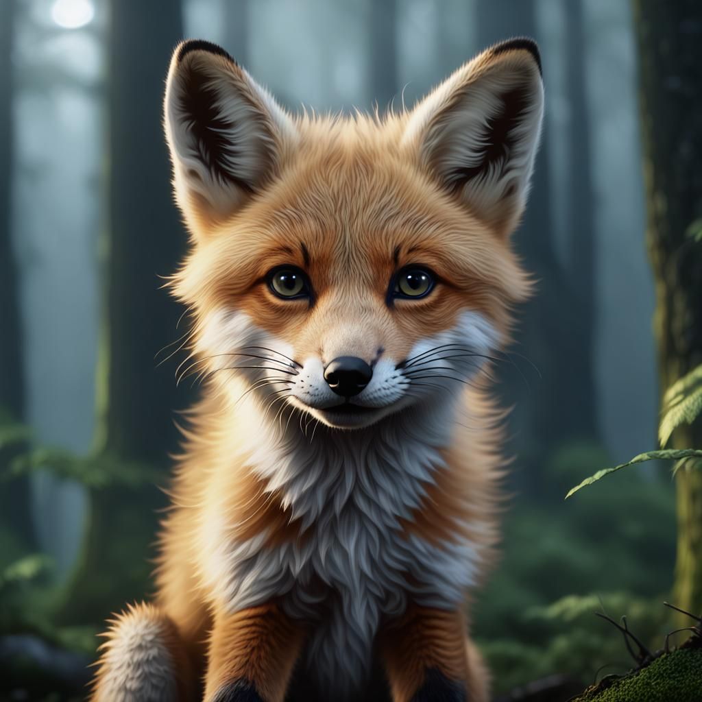 Fox Kit in Misty Forest with Cinematic Lighting