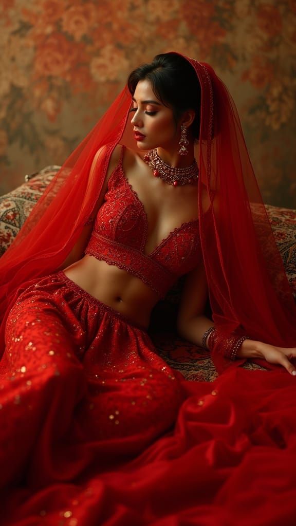 Scarlet Bride on Persian Carpet in Cinematic Lighting