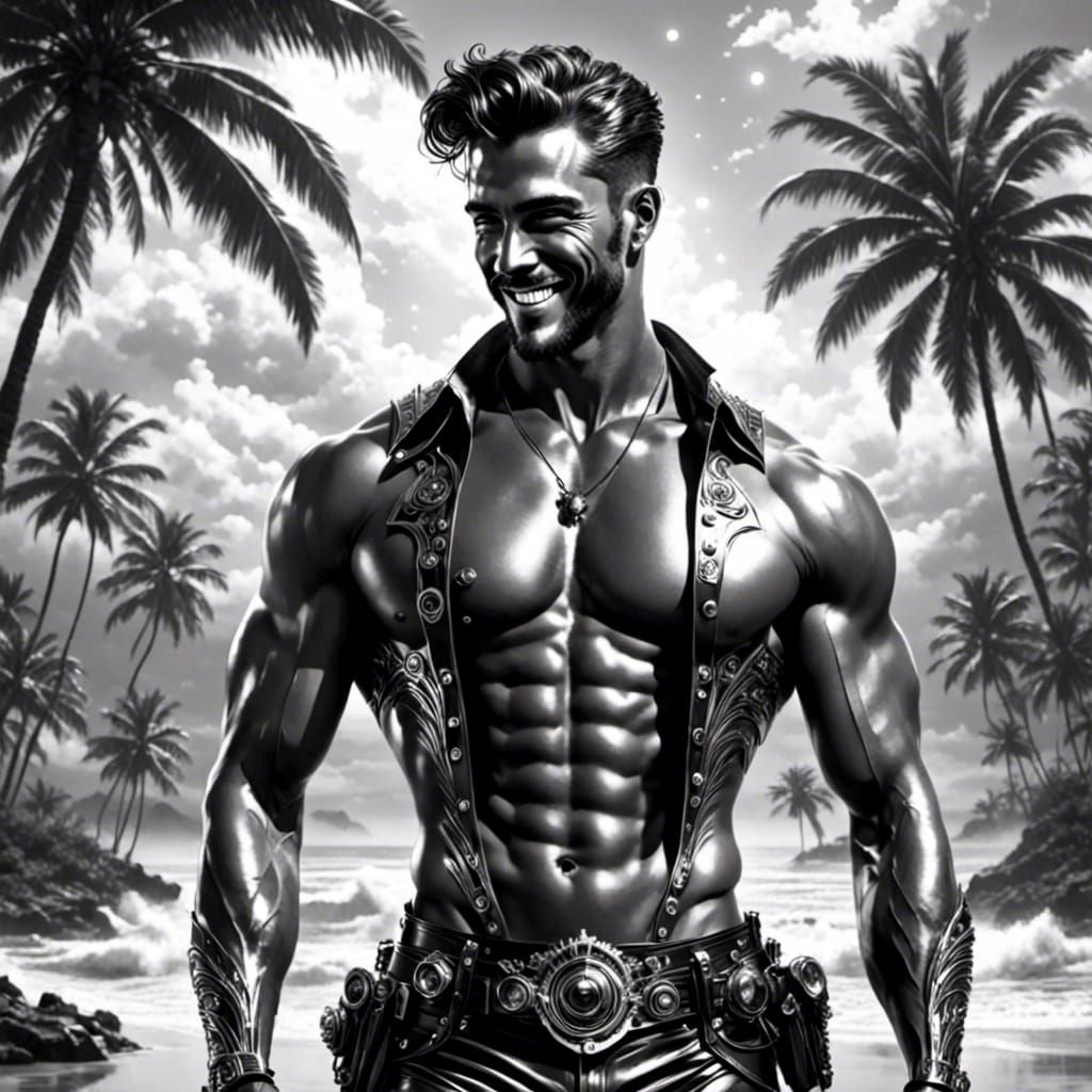 Oiled Hunk on Beach in Tom of Finland Style