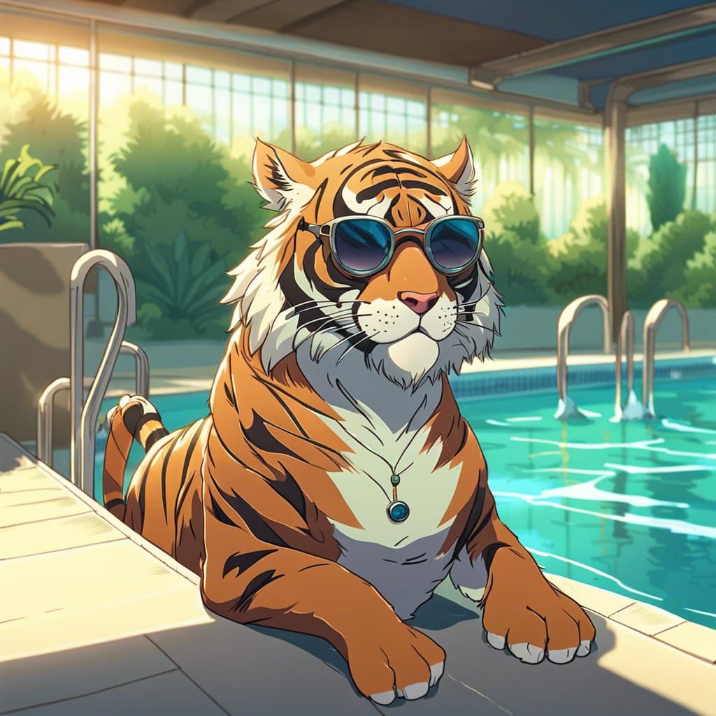 Anthropomorphic Tiger Poolside, Studio Ghibli Style