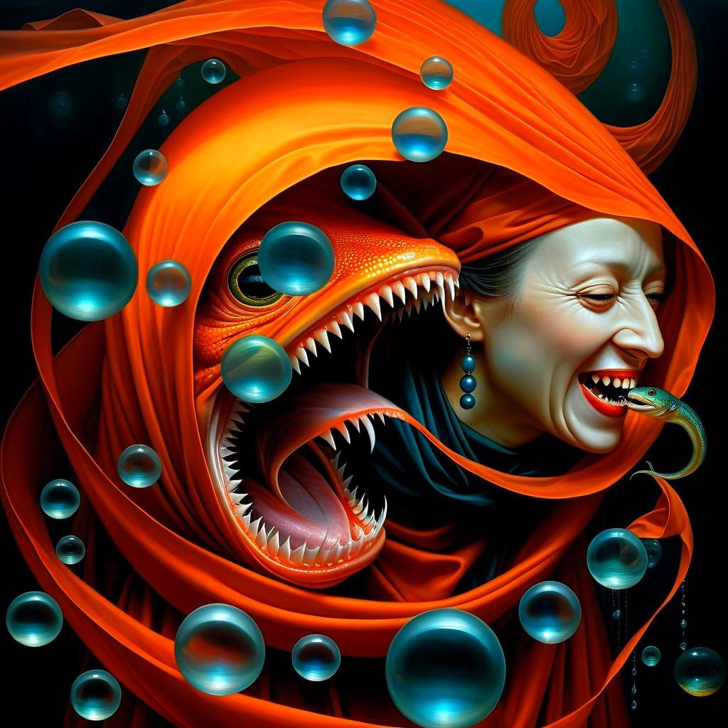 Surreal Woman and Eel in Digital Art Style