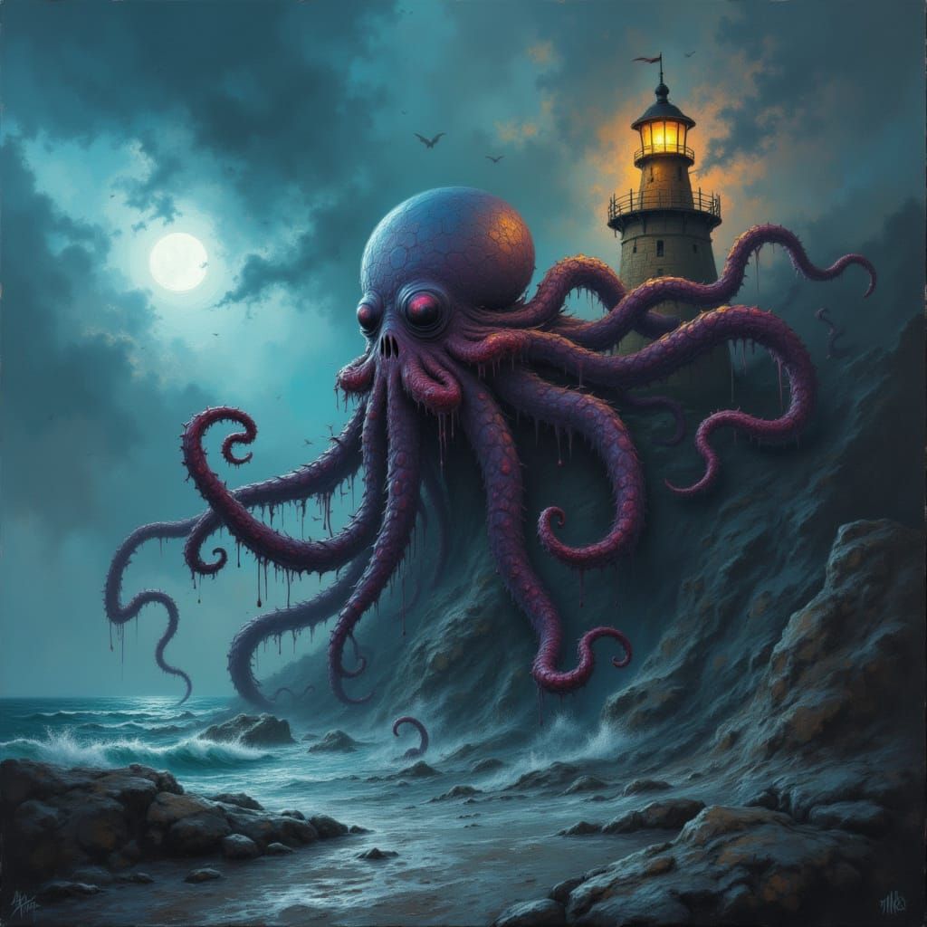 Giant Octopus Attacks Lighthouse on Stormy Day