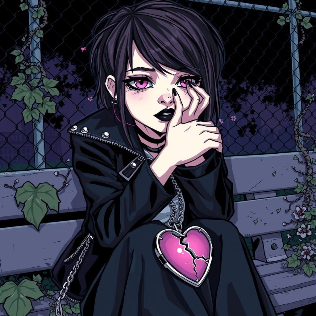 Melancholic Goth Teen Girl with Broken Heart