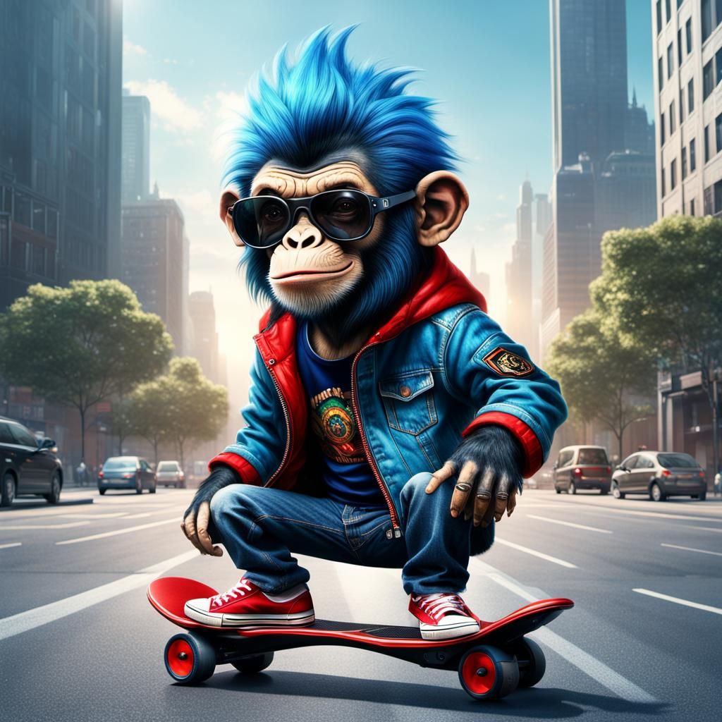 Blue Punk Chimp Rides Hoverboard: Digital Art