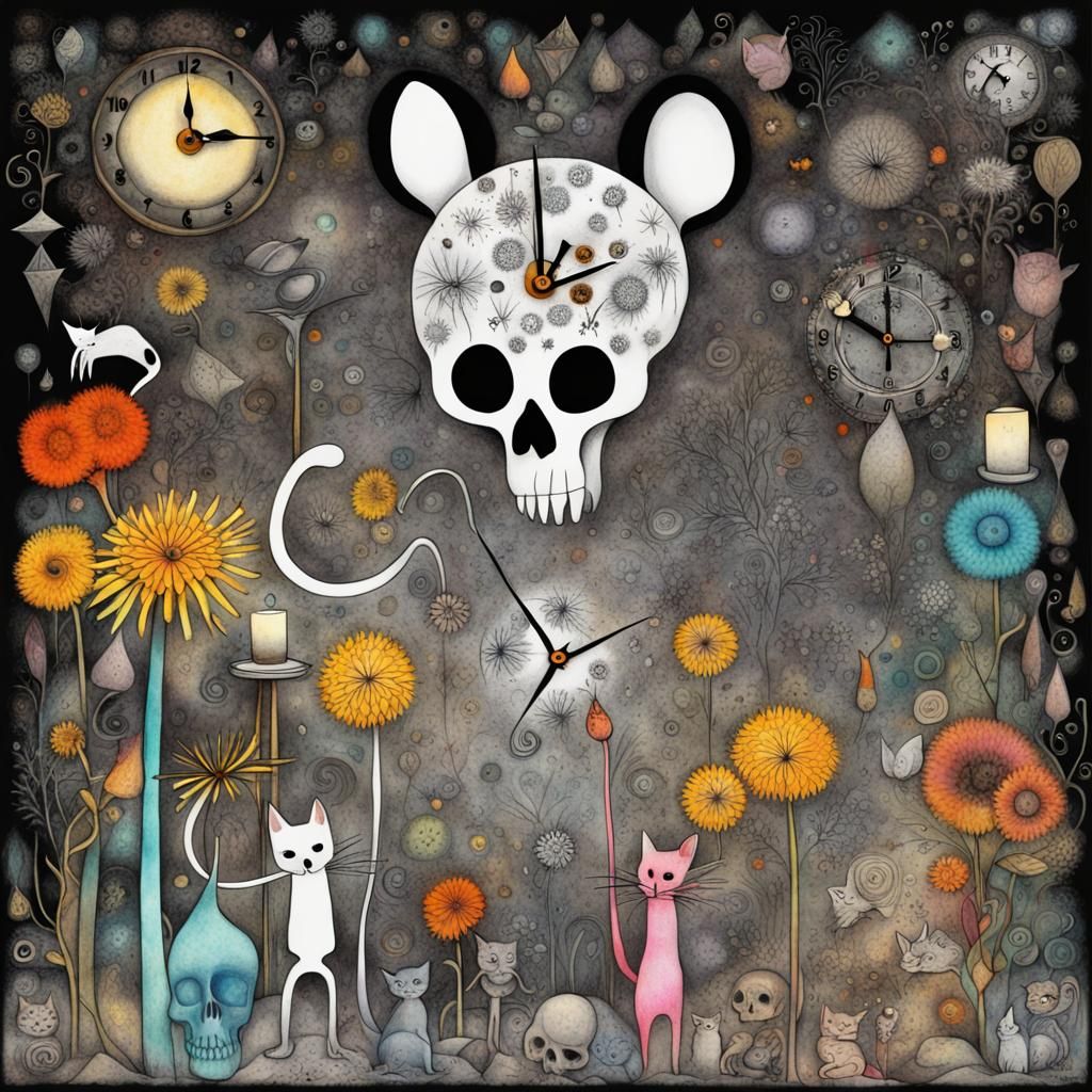 Mouse, Skull,cats, mouse, candle, clock , mice   in a Million Dandelion dreamscape, Salvador Dali collaboration Paul Kle...