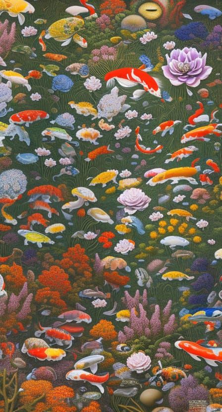 Surreal Anatomical Forms in Alien Koi Landscape