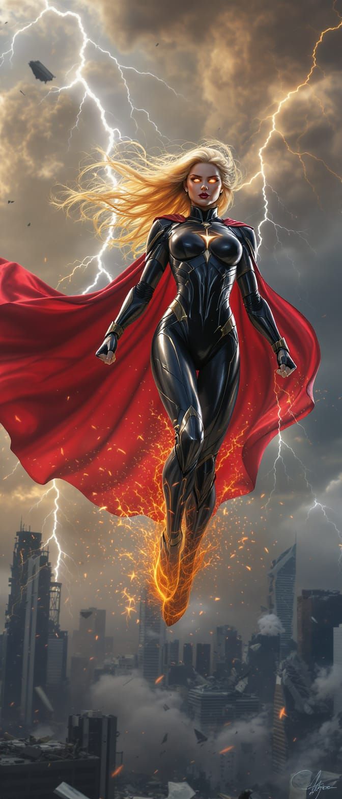Heroine in Black Armor with Crimson Cape Over Cityscape