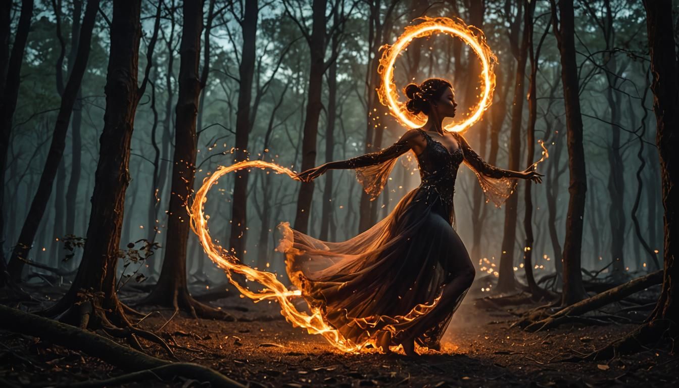 Fire Spirit's Graceful Pirouette in Moonlit Forest