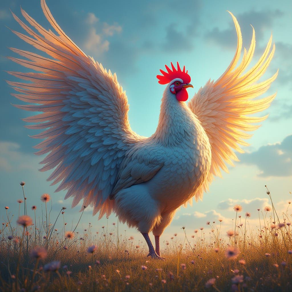 Majestic Iridescent Hen in Dreamscape Meadow