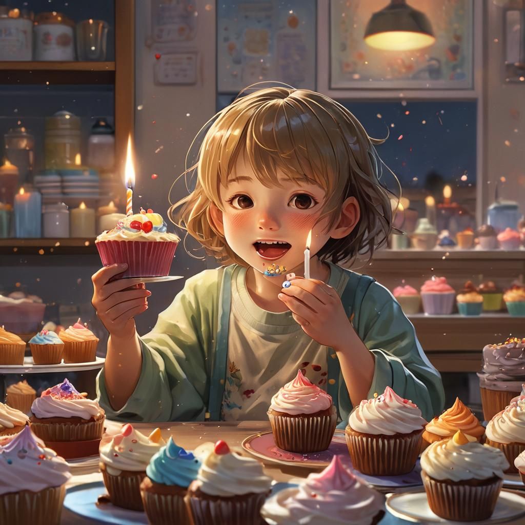 Anime Child Blows Out Candle on Cupcake