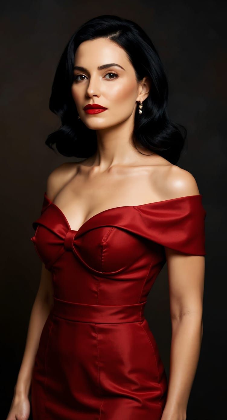 Elegant Woman in Red Gown: A Photorealistic Portrait