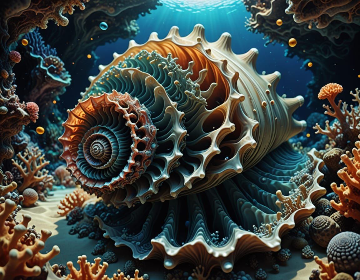 Vibrant Fractal Coral Reef in Conch Shell
