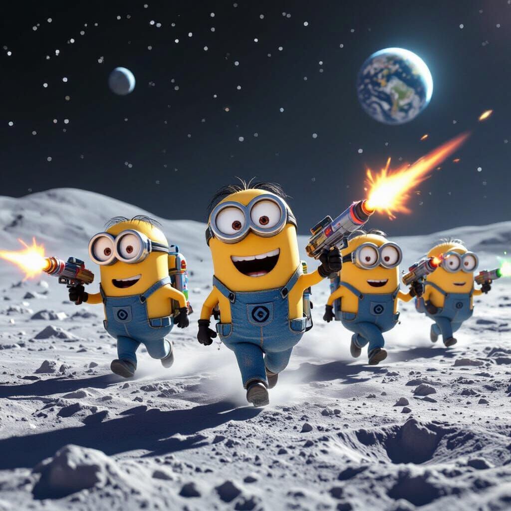 Minions on the Moon with Ray Guns in 3D Pixar Style