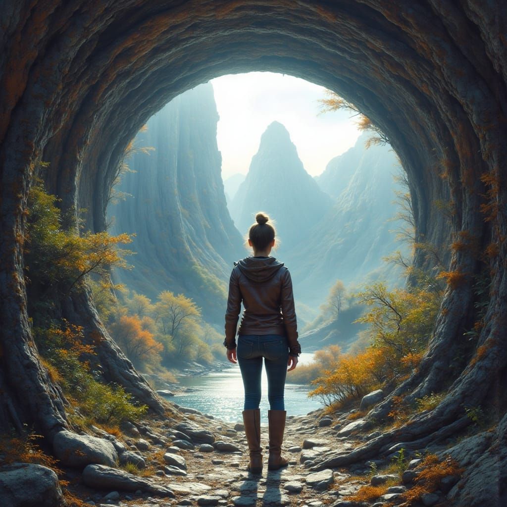 Woman at Shimmering Portal to Prehistoric World