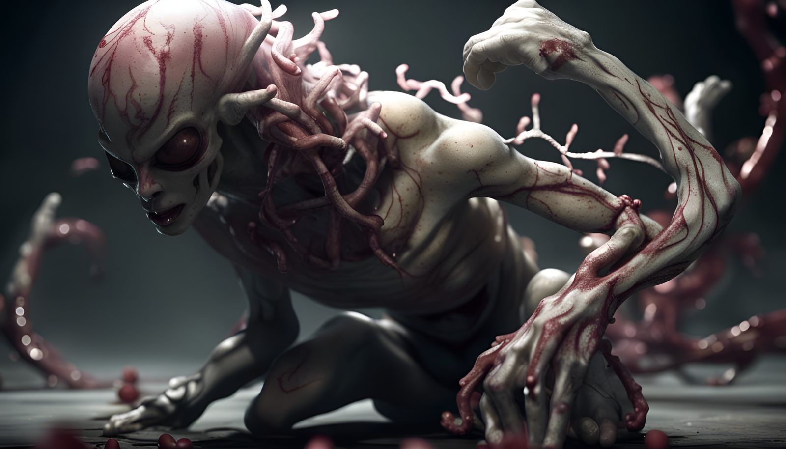 Spooky Alien Crawling Under Cherry Blossom Tree