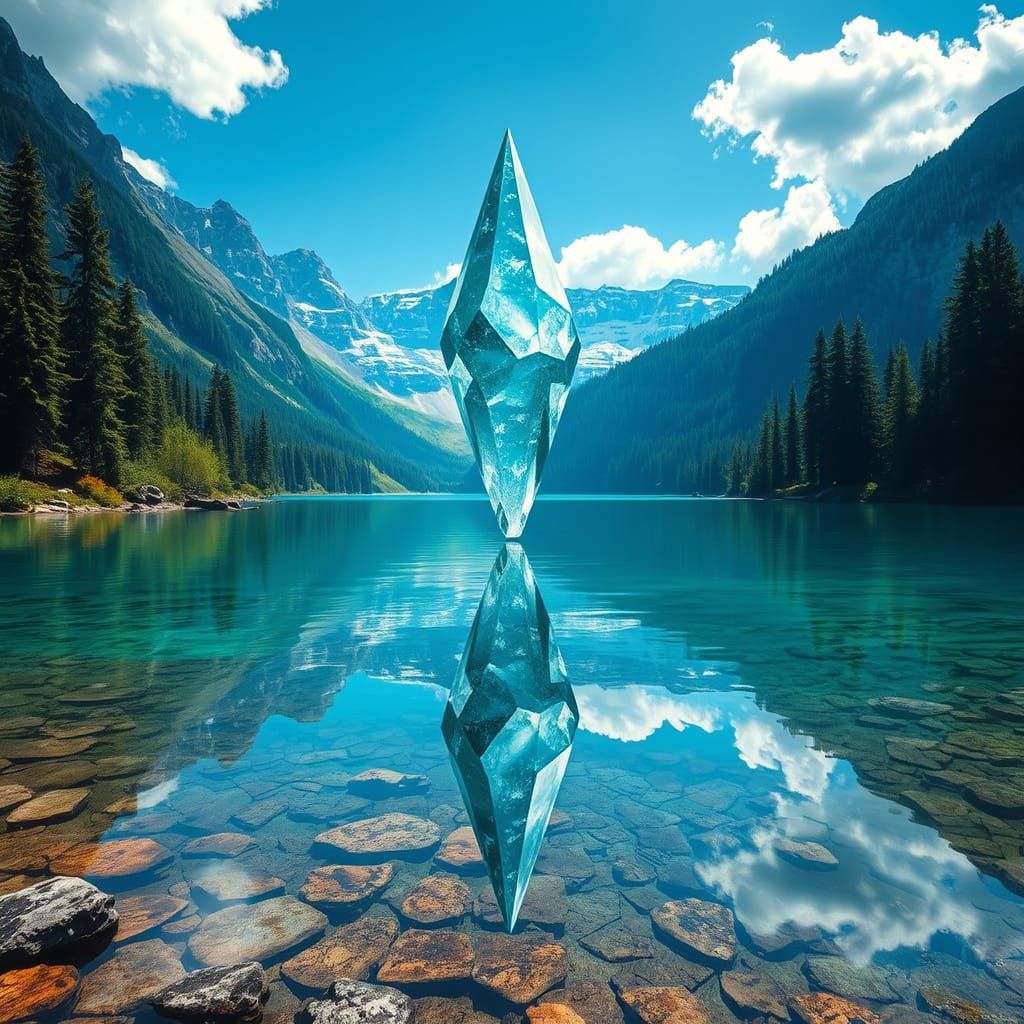 Diamond Crystal Over Mountain Lake in Psychedelic Style