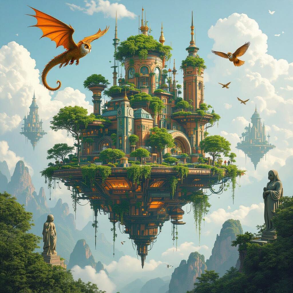 Earthy Solar Punk Floating City with Dragons