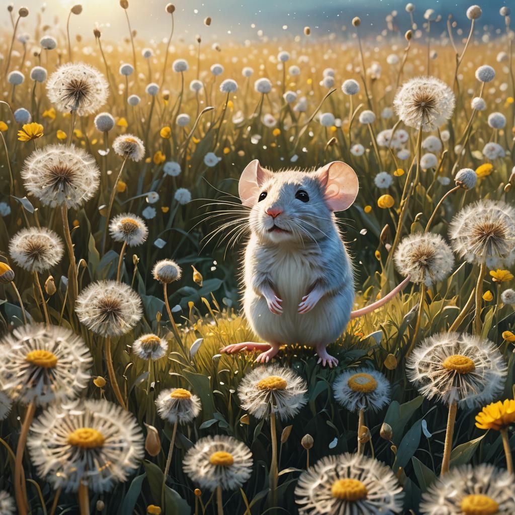 Mouse in Dandelion Field: Whimsical Matte Painting