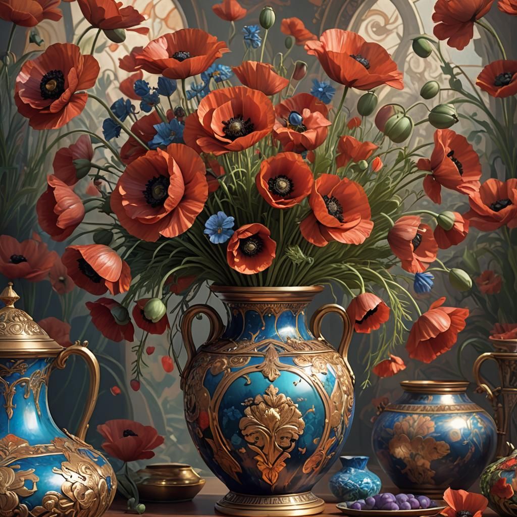 Assorted Poppies in a gorgeous antique vase