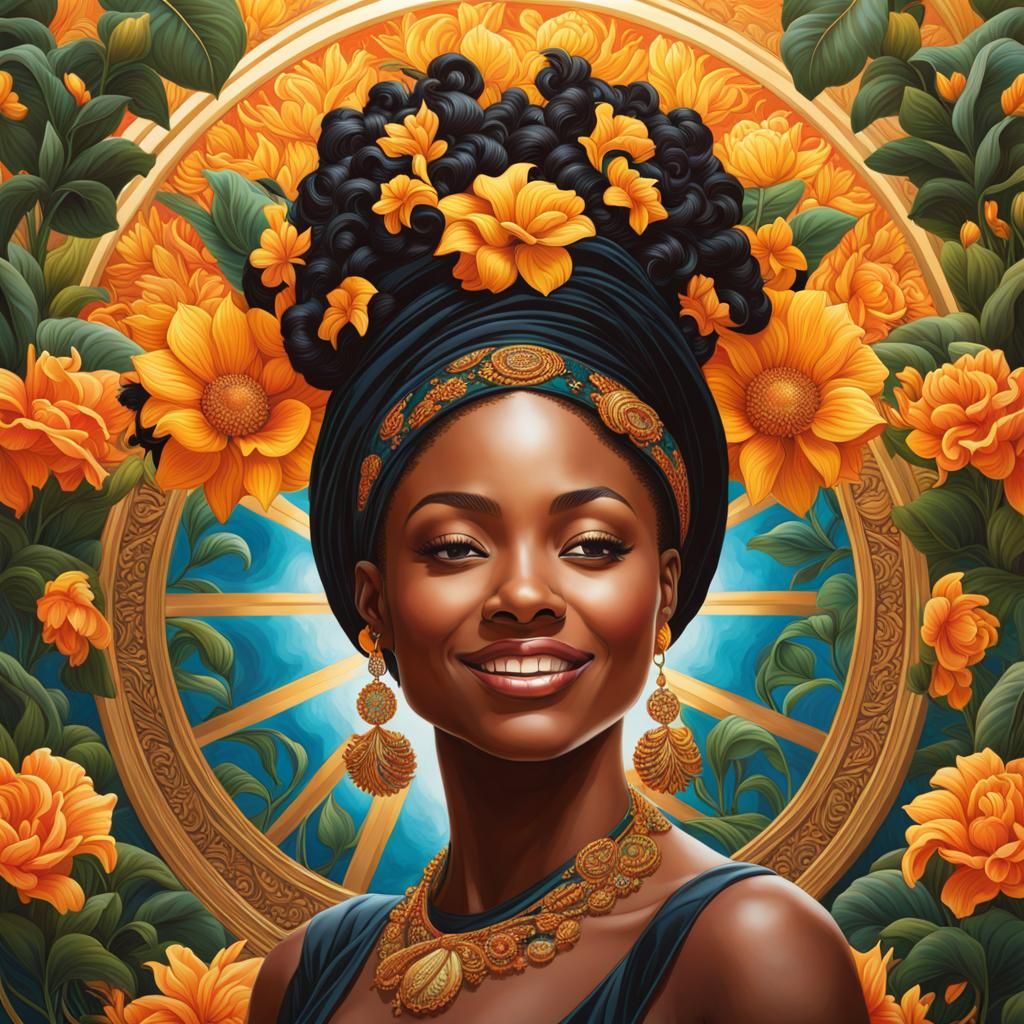 Black Woman Smiling in Floral Portrait, Detailed Art