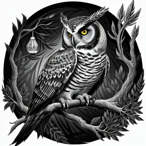 Detailed Ink Drawing of an Owl on a Branch at Night