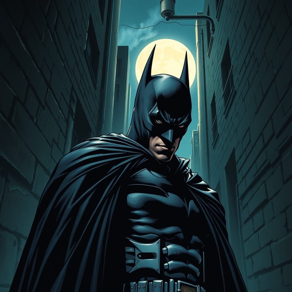 Comic Book Batman Stares in Dark Alley
