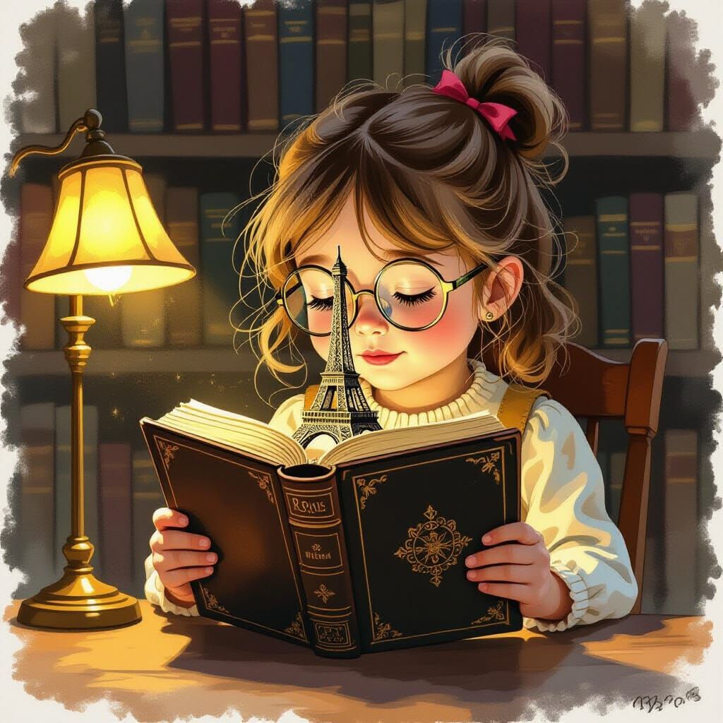 Girl Reads Antique Book With Eiffel Tower Cover
