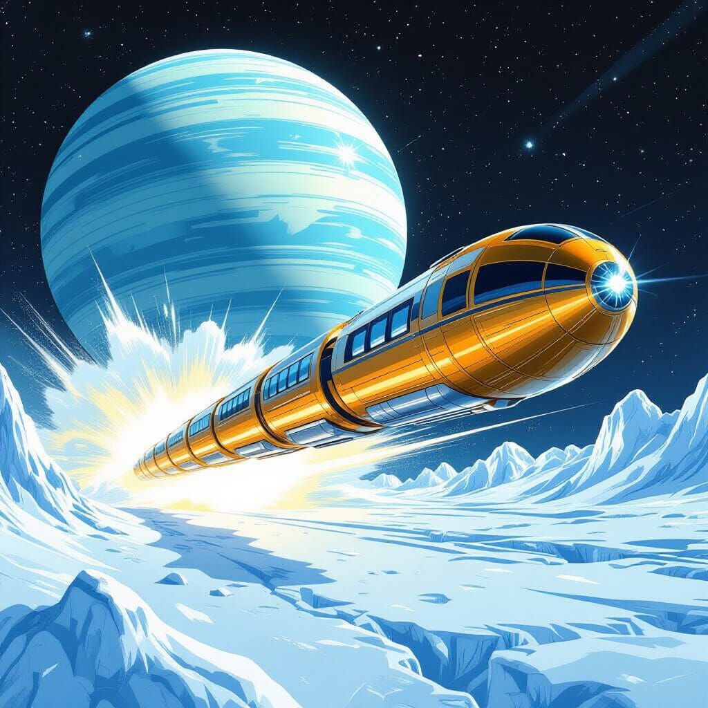 Golden Age Sci-Fi Space Train Plummets Through Ice Giant Rin...