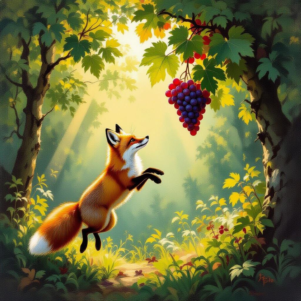 Hungry Fox Leaps for Grapes in Sunlit Forest