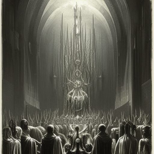 Lovecraftian Temple Procession in Dore Style