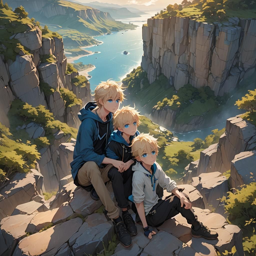 Blonde Boys Overlook Dreamy Landscape in 3D Anime Art