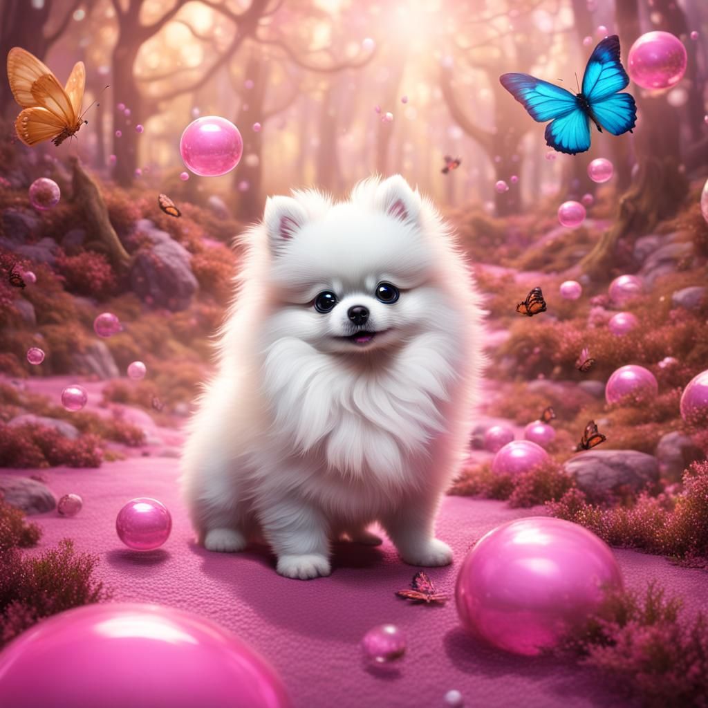 Pomeranian Puppy Portrait with Butterfly, Digital Art