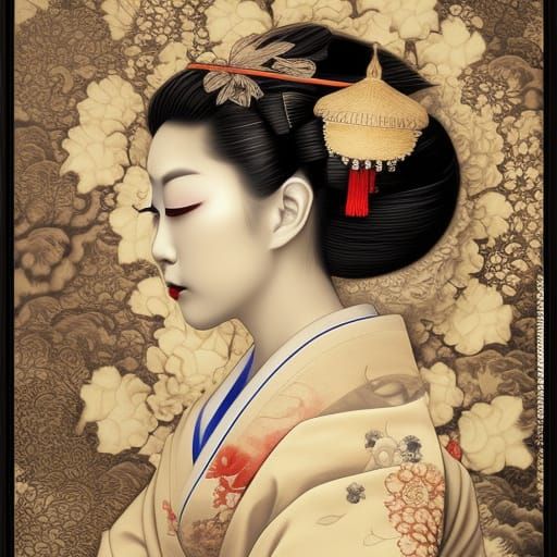 Elegant Geisha with Skull Face, Airbrush Art