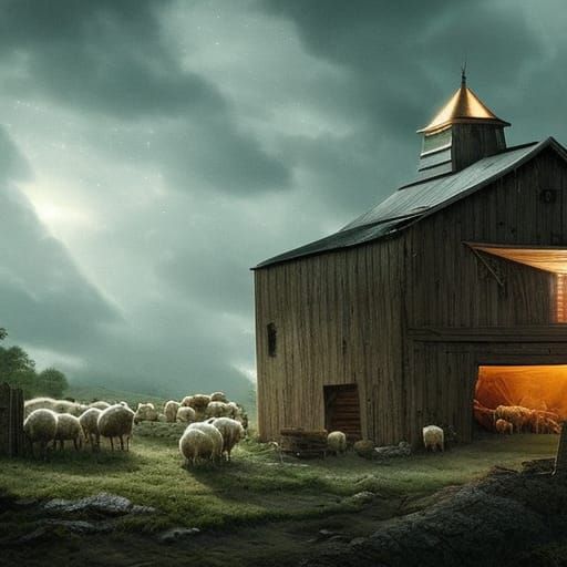 Shepherd and Dog Sleeping in Barn, Digital Painting