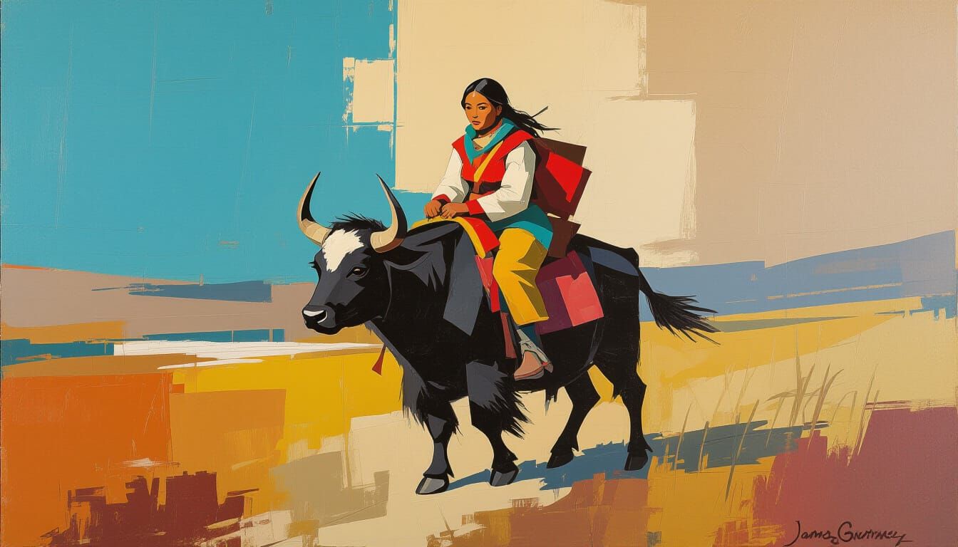 Nomadic Woman Riding Yak in Symbolic Landscape