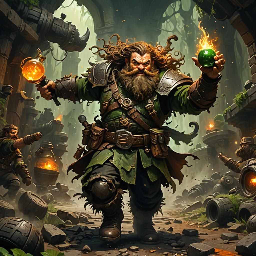 Dwarf Alchemist with Attack Potion in Fantasy Art Style