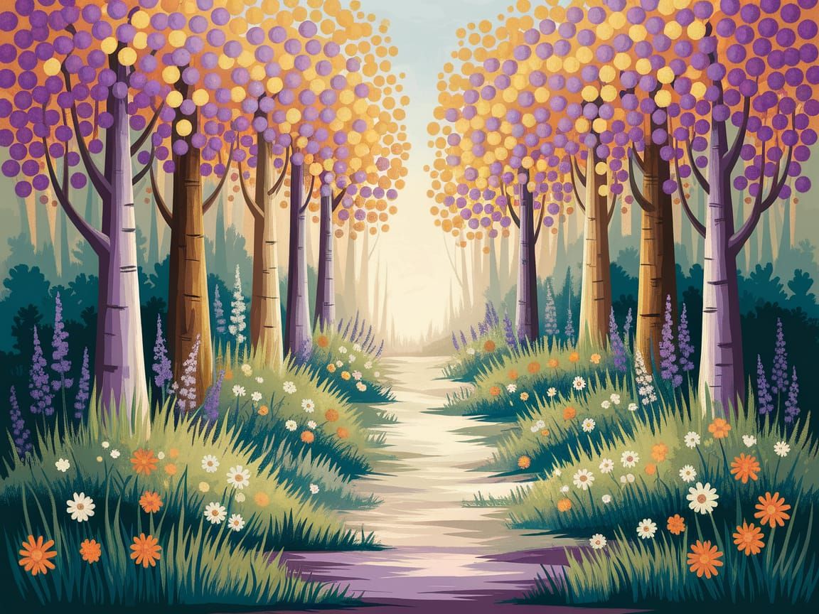 Colorful Forest Path Painting with Wildflowers