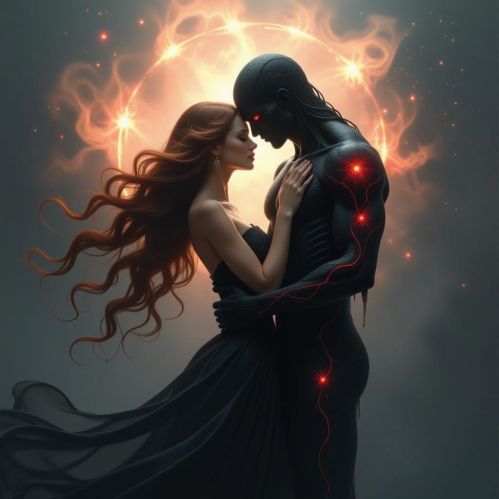 Cosmic Romance: Woman Embraces Starlight Being in Void