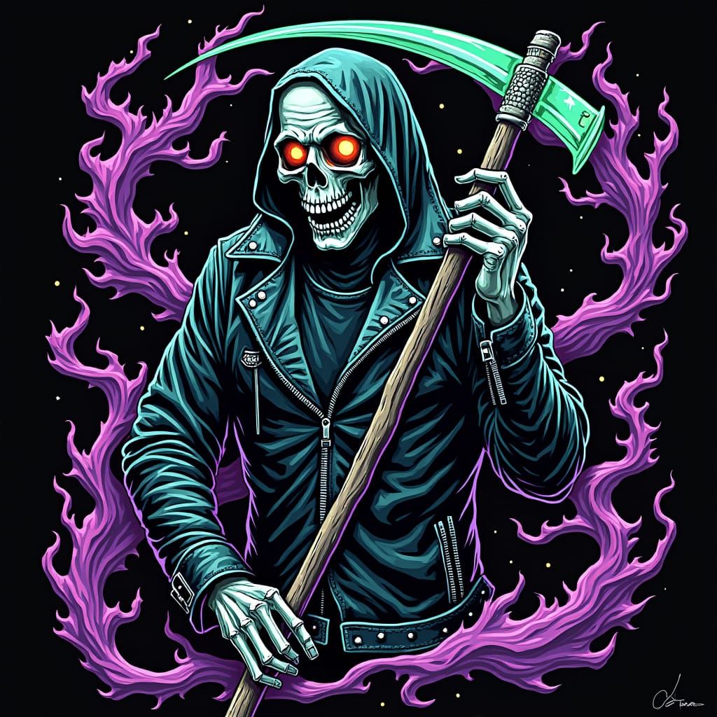 Grim Reaper in Psychedelic 70s Black Light Poster Style