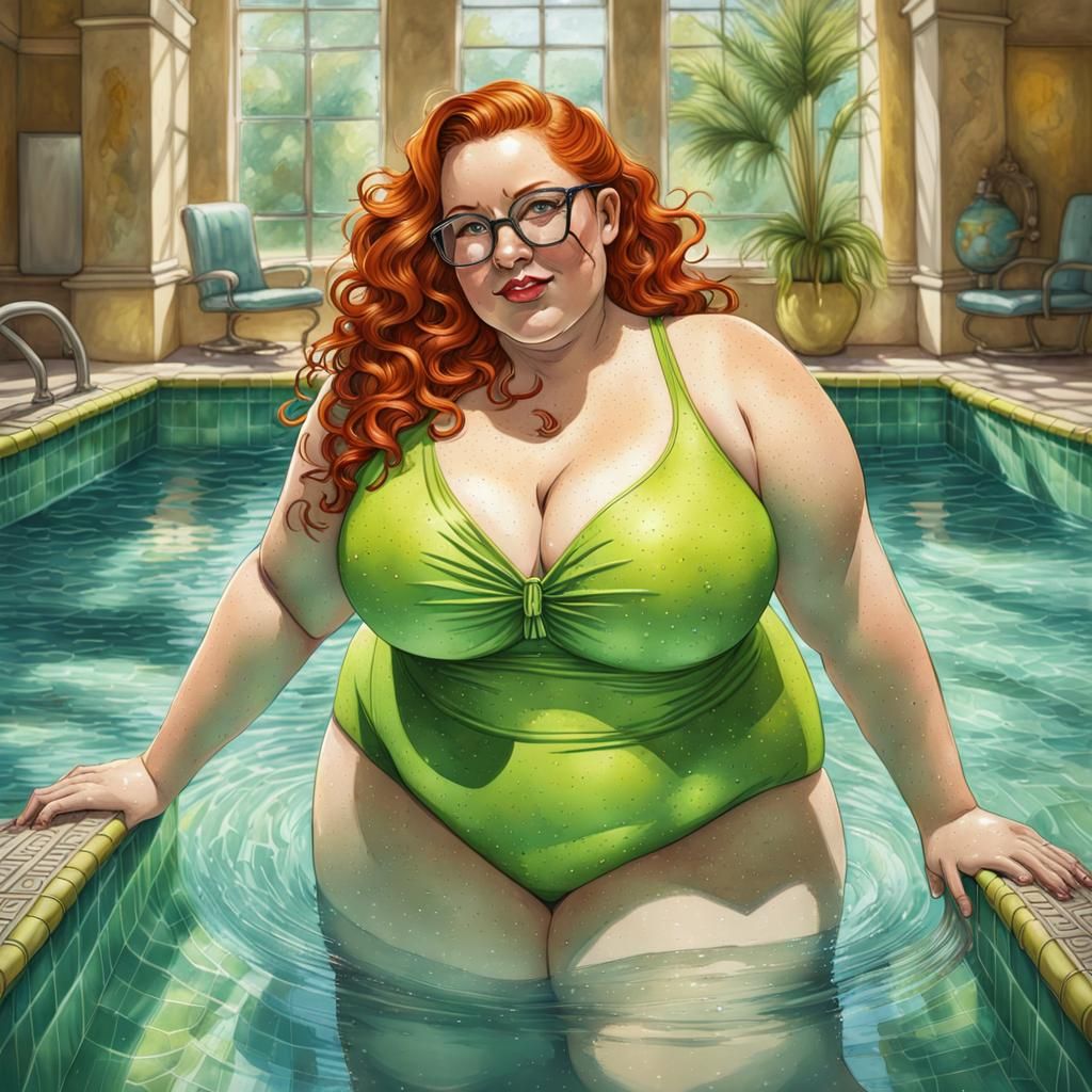 Lively Pin-Up Girl in Lime Swimsuit, Graffiti Art